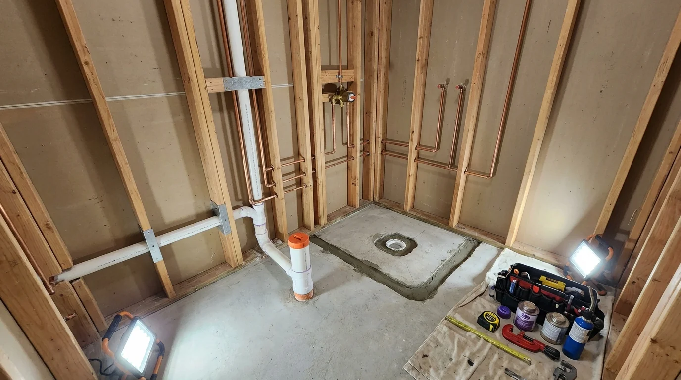 Bathroom rough-in plumbing during remodel by Johns Plumbing LLC in Surrey