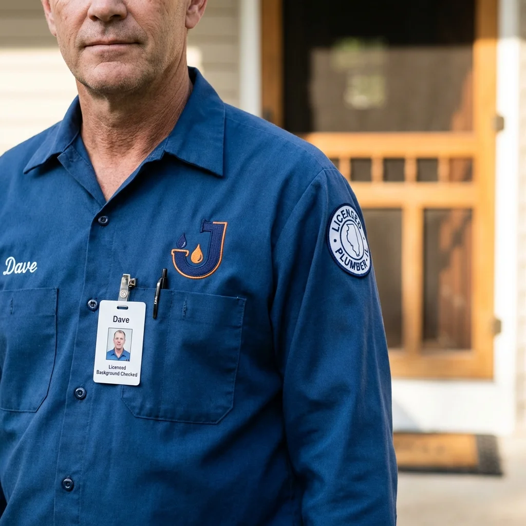 Licensed plumber showing ID badge in Surrey, ND