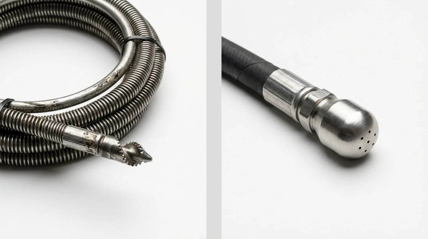 Drain snake cable and hydro jetting nozzle used for drain cleaning in Surrey, ND