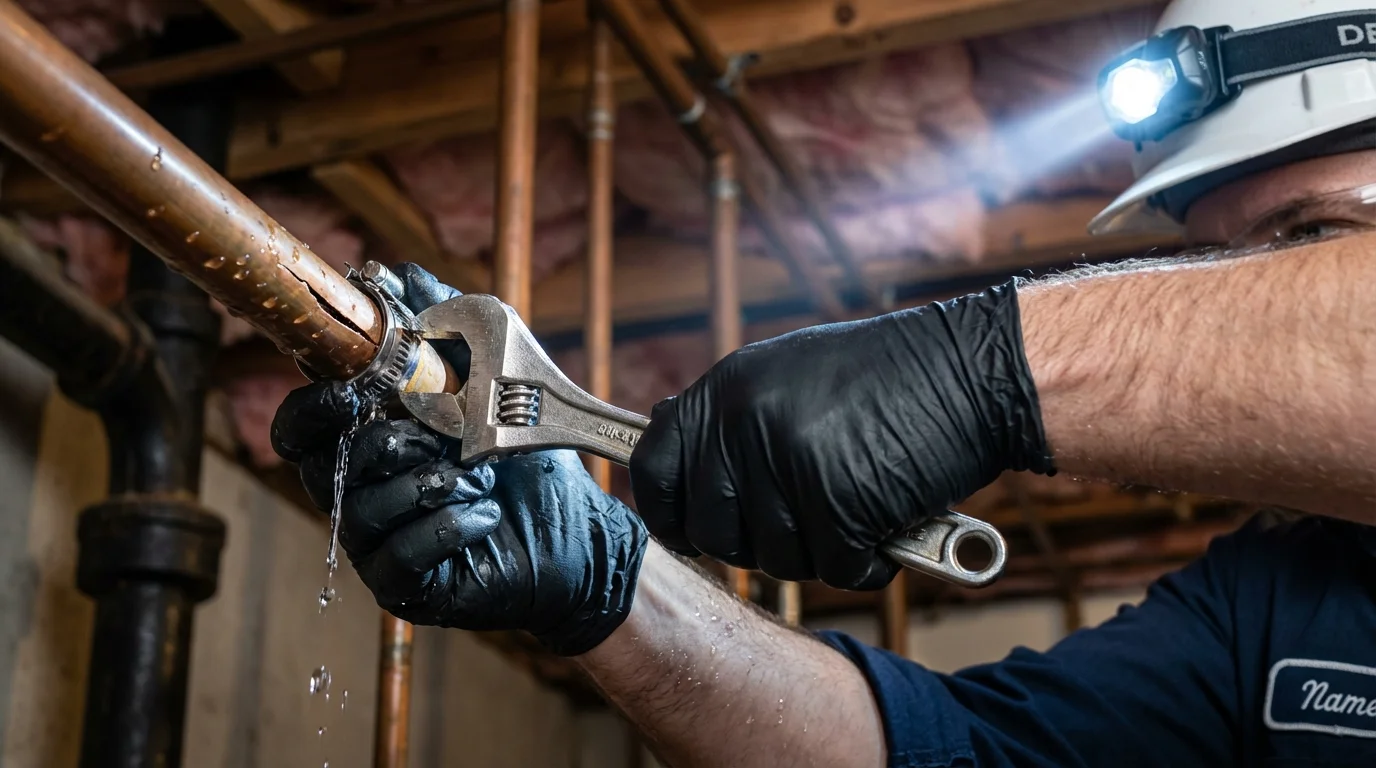 Emergency pipe clamp repair being performed by a Johns Plumbing LLC plumber in Surrey