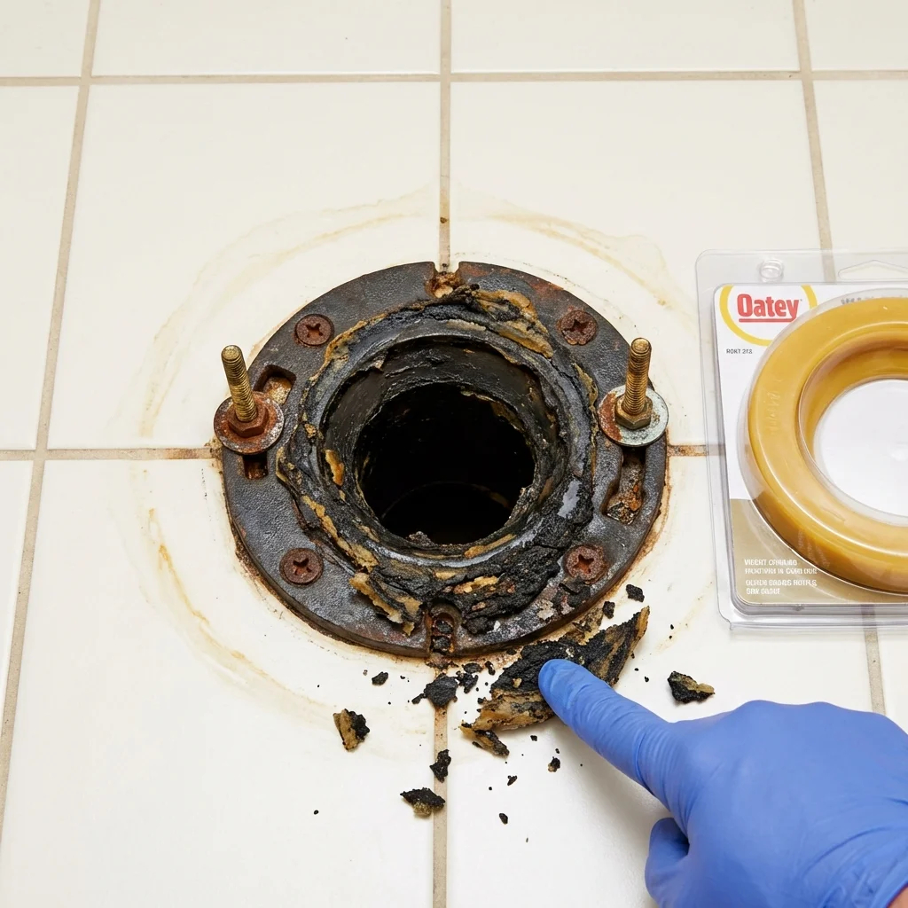 Failed wax ring showing water seepage at the base of a toilet in a Surrey, ND home