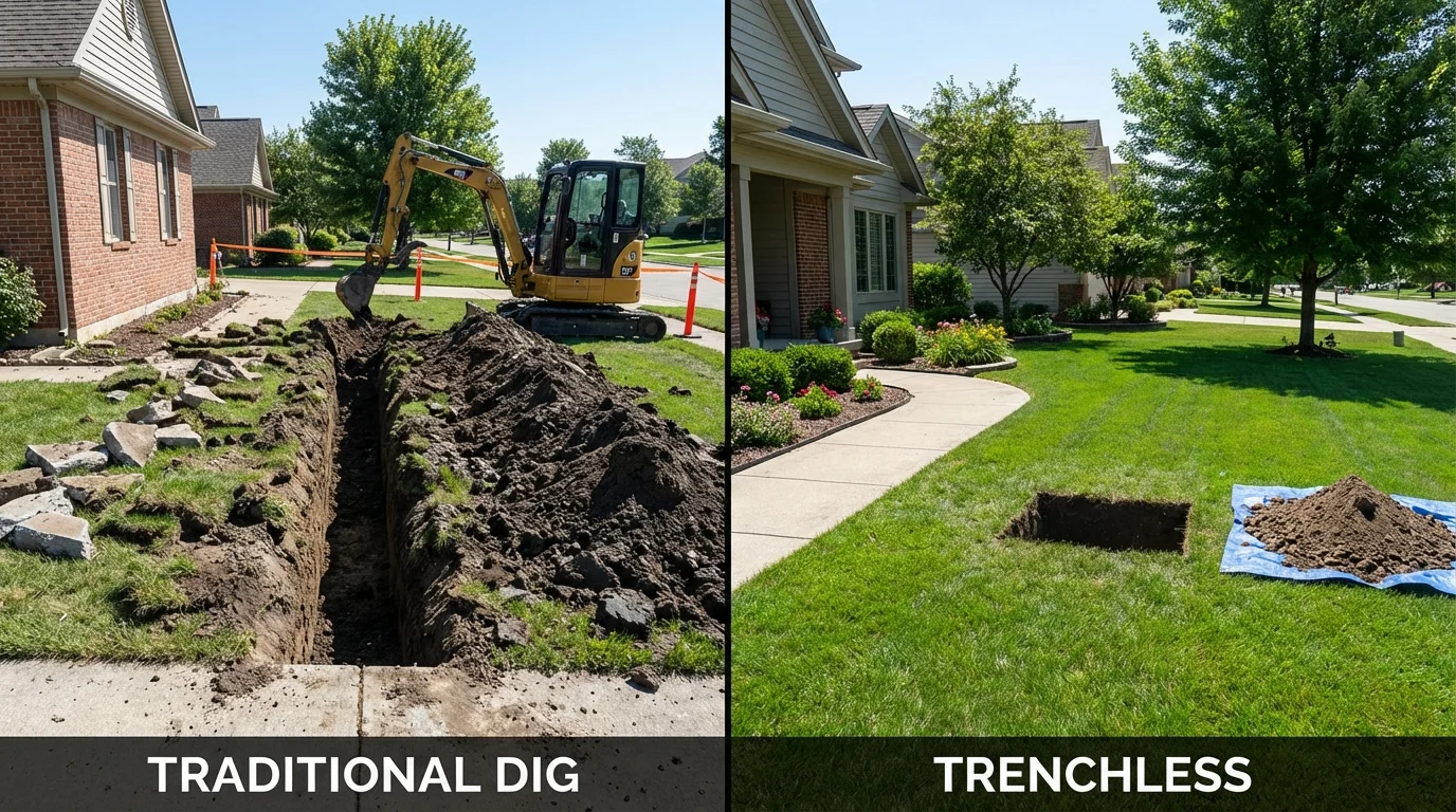 Trenchless sewer repair with minimal yard damage versus traditional excavation in Surrey, ND