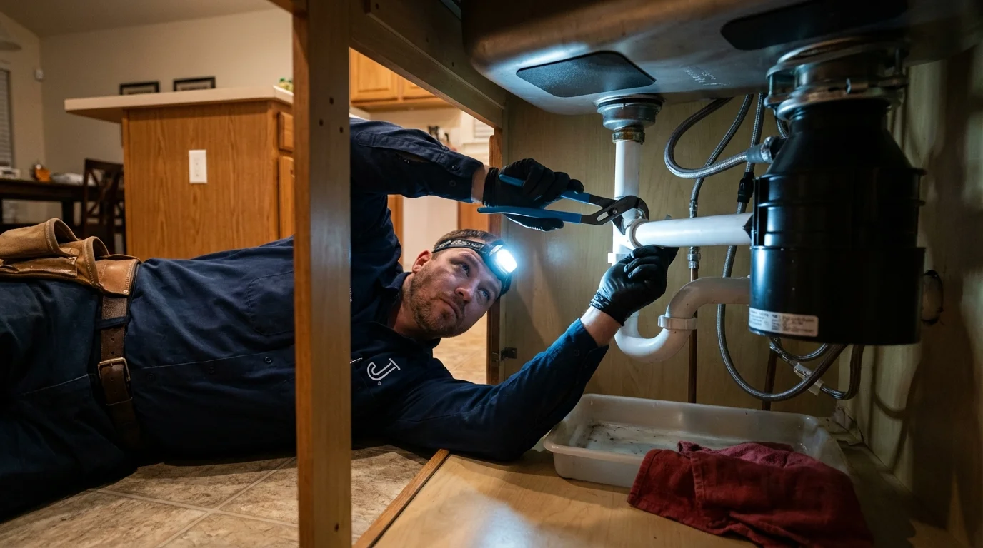 P-trap and supply line connections under a kitchen sink showing a common leak point in Surrey, ND